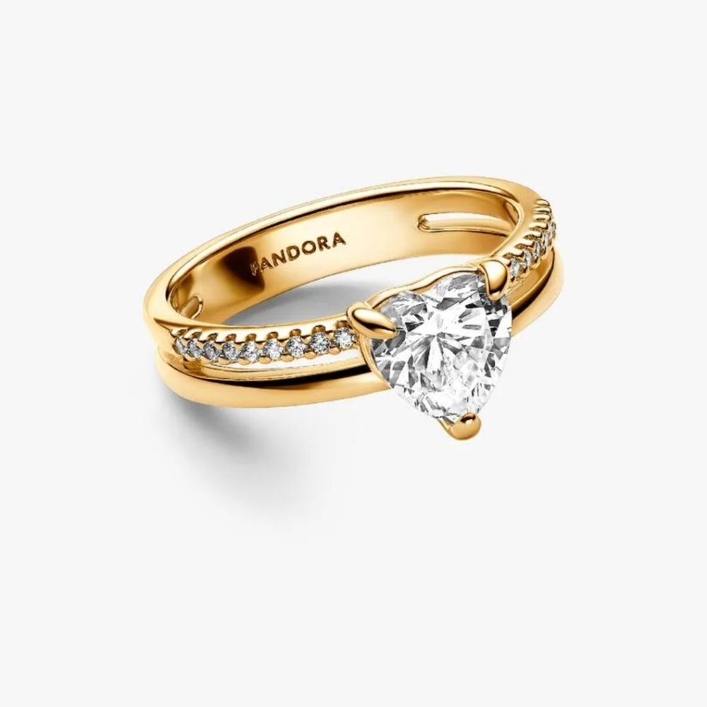 Pandora Sparkling Heart Double Band Ring |  14k Gold Plated NWT